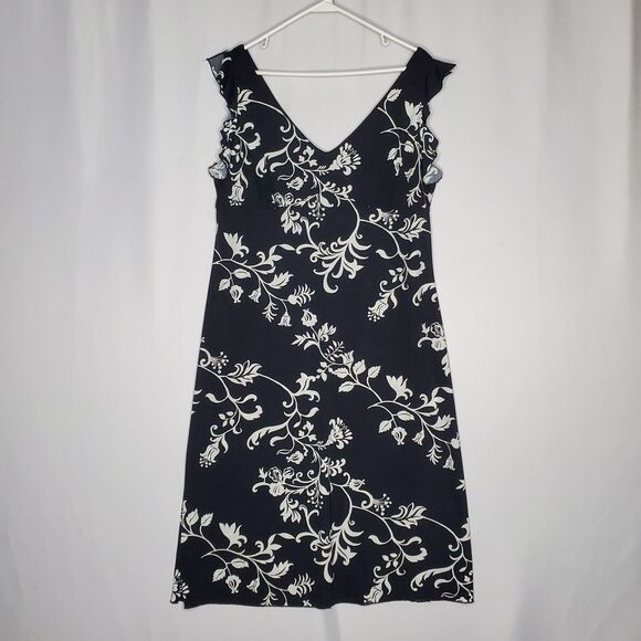 Giorgio Fiorlini Empire Midi Dress XL Black White Floral Flutter Vtg 90s Y2K - Picture 2 of 9